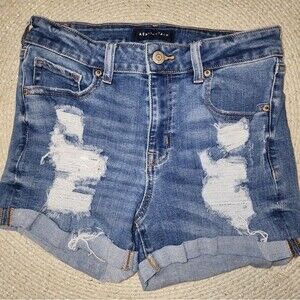 Aeropostale High Rise Midi Blue Jean Shorts Womens Sz 8 Distressed Grunge Y2k